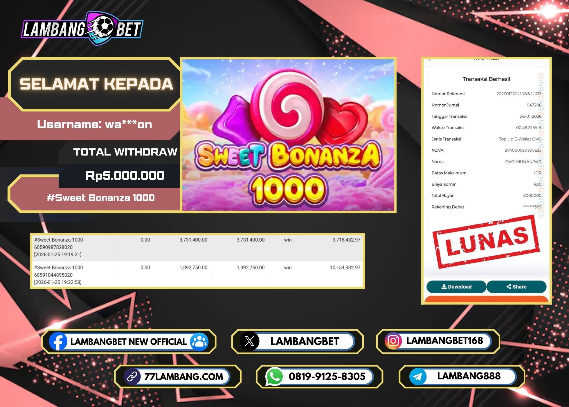 LAMBANGBET [26 JANUARI 2026] JACKPOT SLOT Sweet Bonanza 1000 "Rp5.000.000" LUNAS
